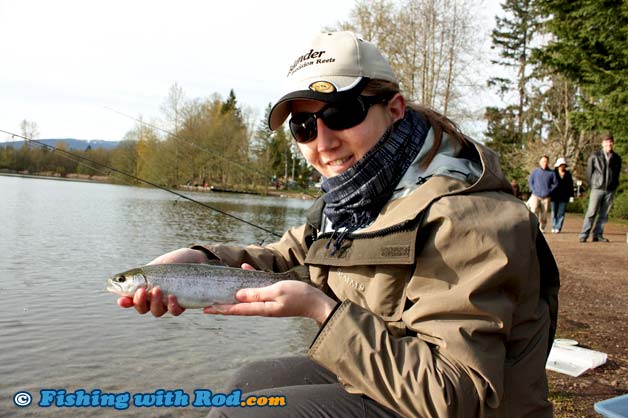 Rainbow trout fishing at Como Lake in Coquitlam BC Rainbow trout fishing at Como Lake in Coquitlam BC